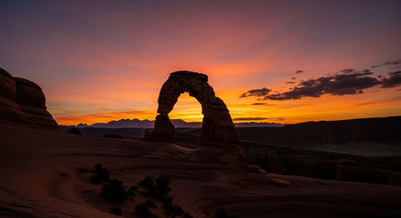 Sunset at Delicate Arch in Arches National Park, Utahの写真素材