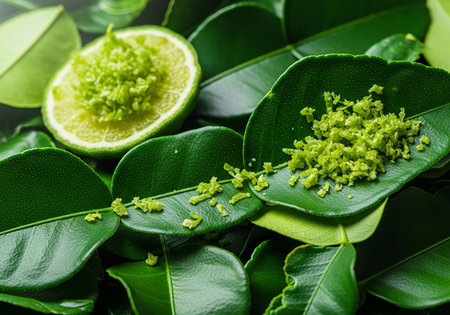 Close up view of fresh lime with green leaves.