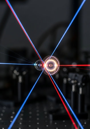 Close-up of a laser sight in a laboratory. Laser rays in a microscope.の写真素材