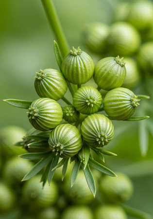 Close up of unripe green balsam seeds on a plantの写真素材
