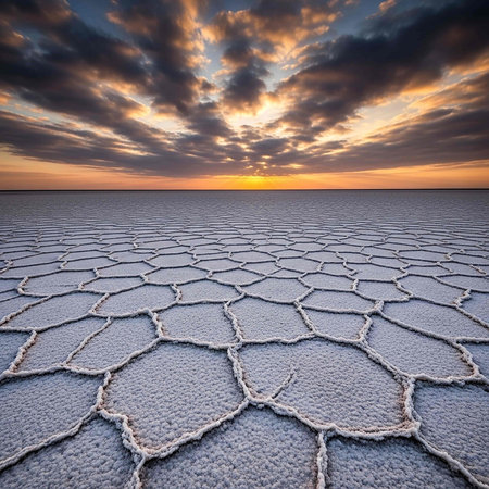 Sunset over Salt Flats in Death Valley National Park, Californiaの写真素材