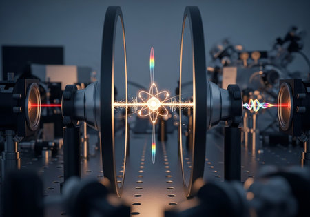 3D rendering of a science fiction scene with an atom in the centerの写真素材