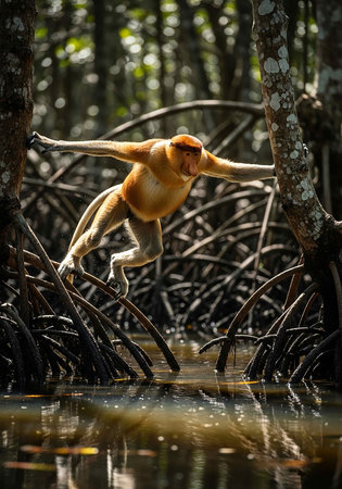 Proboscis monkey in the mangrove forest, Borneo, Malaysiaの写真素材