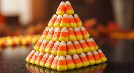 Colorful candy corn pyramid on a dark background. Selective focus.の写真素材