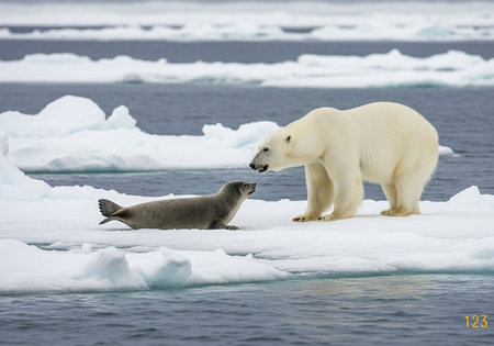 Polar bear (Ursus maritimus) mother and cub on the pack ice, north of Svalbard Arctic Norwayの写真素材