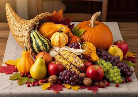 Autumn still life with pumpkins, apples, grapes and cornの写真素材