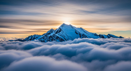Panoramic view of the mountains covered with clouds at sunrise.の写真素材