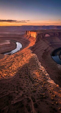Aerial view of a scenic canyon at sunset, Utahの写真素材