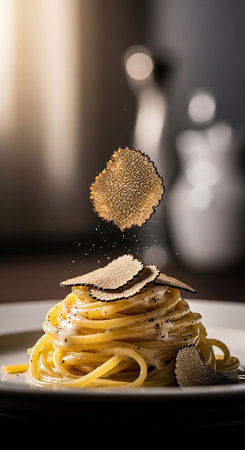 Spaghetti on a white plate in a restaurantの写真素材