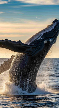 Humpback whale splashing water at sunset in the Atlantic Ocean.の写真素材