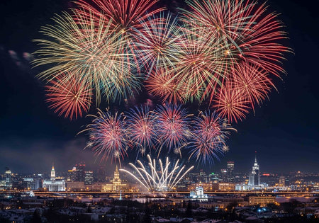 Celebratory firework over Moscow Kremlin at night, Russia.の写真素材