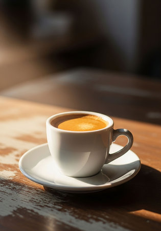 Coffee cup on wooden table in coffee shop, stock photoの写真素材