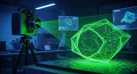 Polygonal wireframe object on camera screen. 3d rendering