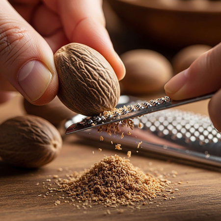 Nutmeg and grater on a wooden background. Selective focus.の写真素材
