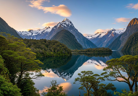 Natural landscape of New Zealand alpine lake and mountain range at sunriseの写真素材