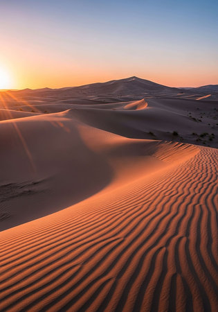 Sunrise over the sand dunes in the Sahara desert, Moroccoの写真素材