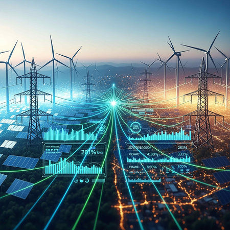 Smart city with wind turbines and digital interface. Renewable energy conceptの写真素材