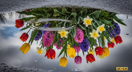 Tulips, hyacinths and daffodils in the waterの写真素材