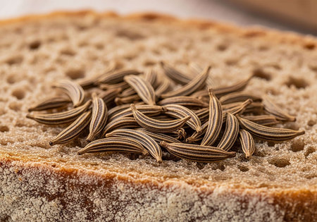 Closeup of caraway seeds on a slice of brown bread.の写真素材