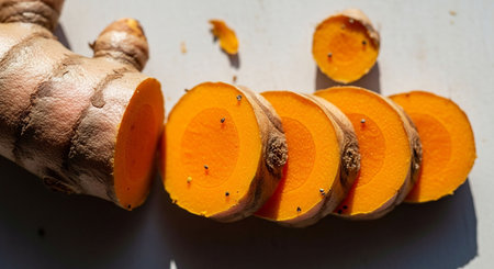 Fresh turmeric roots on a white wooden table. Selective focus.の写真素材