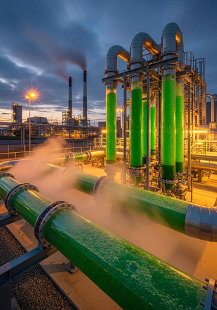 Industrial zone at night with a lot of green pipes and valves