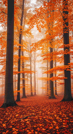 Autumnal forest with fog and orange leaves. Beautiful landscape.の写真素材