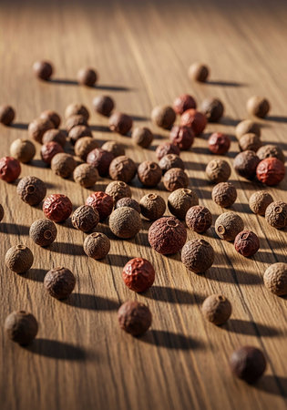 Allspice seeds on a wooden background. Spices for cooking.