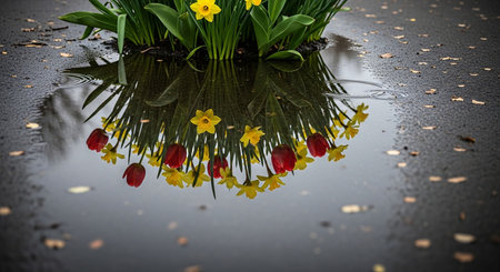 Yellow daffodils and red tulips in a puddleの写真素材