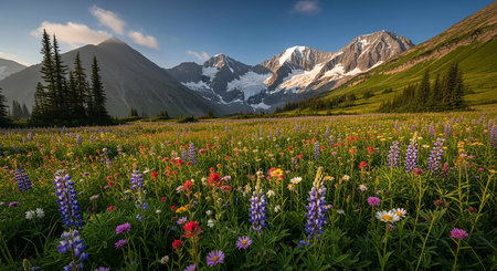 Wildflowers blooming on a meadow in Banff National Park, Canadaの写真素材