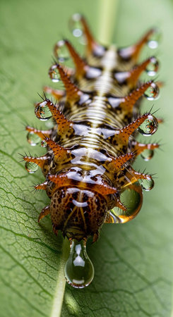 Macro of a caterpillar with water droplets on green leaf