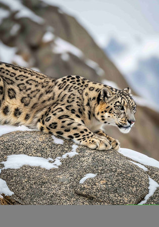 Snow leopard (Panthera uncia) lying on rockの写真素材