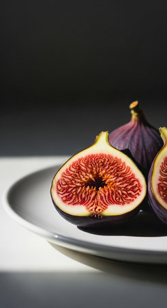 Ripe figs on a plate on a gray background. Copy space.