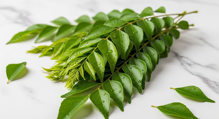 Fresh green leaves with water drops on white marble background, stock photoの写真素材
