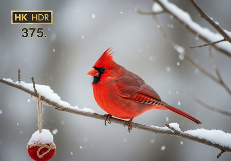 Male Northern Cardinal (cardinalis cardinalis) perched on a branch with snow in winterの写真素材