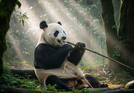 Giant panda eating bamboo in Chengdu, Sichuan Province, Chinaの写真素材