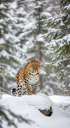 Amur leopard in snowy forest. Panthera pardus.の写真素材