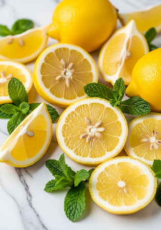 Lemons, lemons and mint on a white marble tableの写真素材