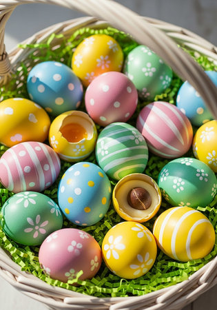 Colorful easter eggs in basket on wooden background, close upの写真素材