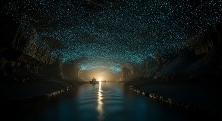 Fantasy landscape with a ship in the sea at night. 3d renderingの写真素材