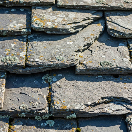 roof tiles of an old house with moss and lichen close-upの写真素材