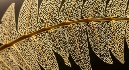 Macro photo of a golden fern leaf on black background.の写真素材