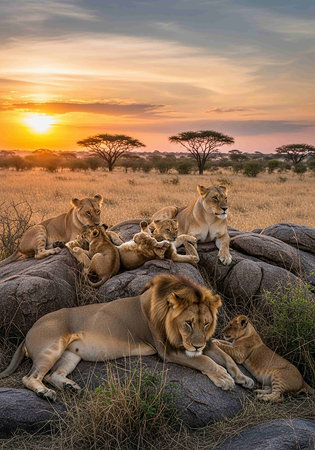 Lion family resting in Serengeti National Park, Tanzaniaの写真素材
