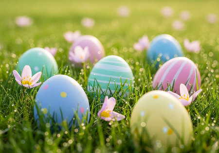 Colorful easter eggs on green grass with flowers in the background