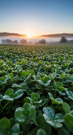 Green clover field at sunrise with mist and trees in the backgroundの写真素材