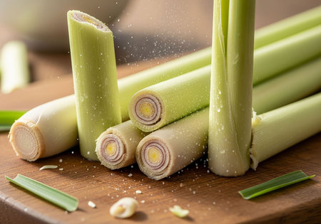 Close up of sliced lemongrass on wooden cutting board.の写真素材