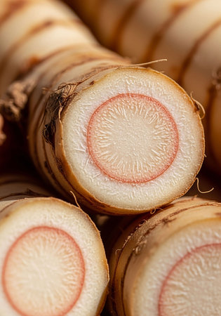 Fresh horseradish root close up. Macro. Whole background.の写真素材