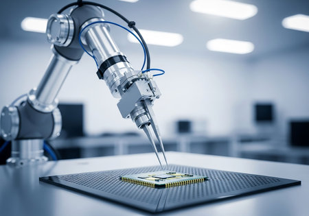 3d rendering robotic arm with microcircuit on table in factoryの写真素材