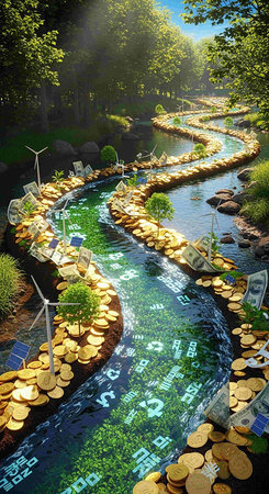 Landscape of the Japanese garden with a river, windmills and coinsの写真素材