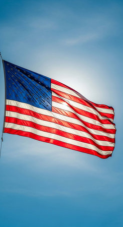 American flag waving in the wind on a blue sky background with copy spaceの写真素材