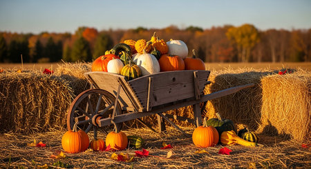 Harvesting time in the countryside with pumpkins and cart.の写真素材